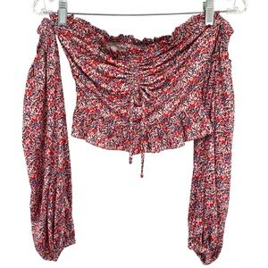 Lovers and Friends Red and Pink Floral Cinched Off Shoulder Crop Top XS